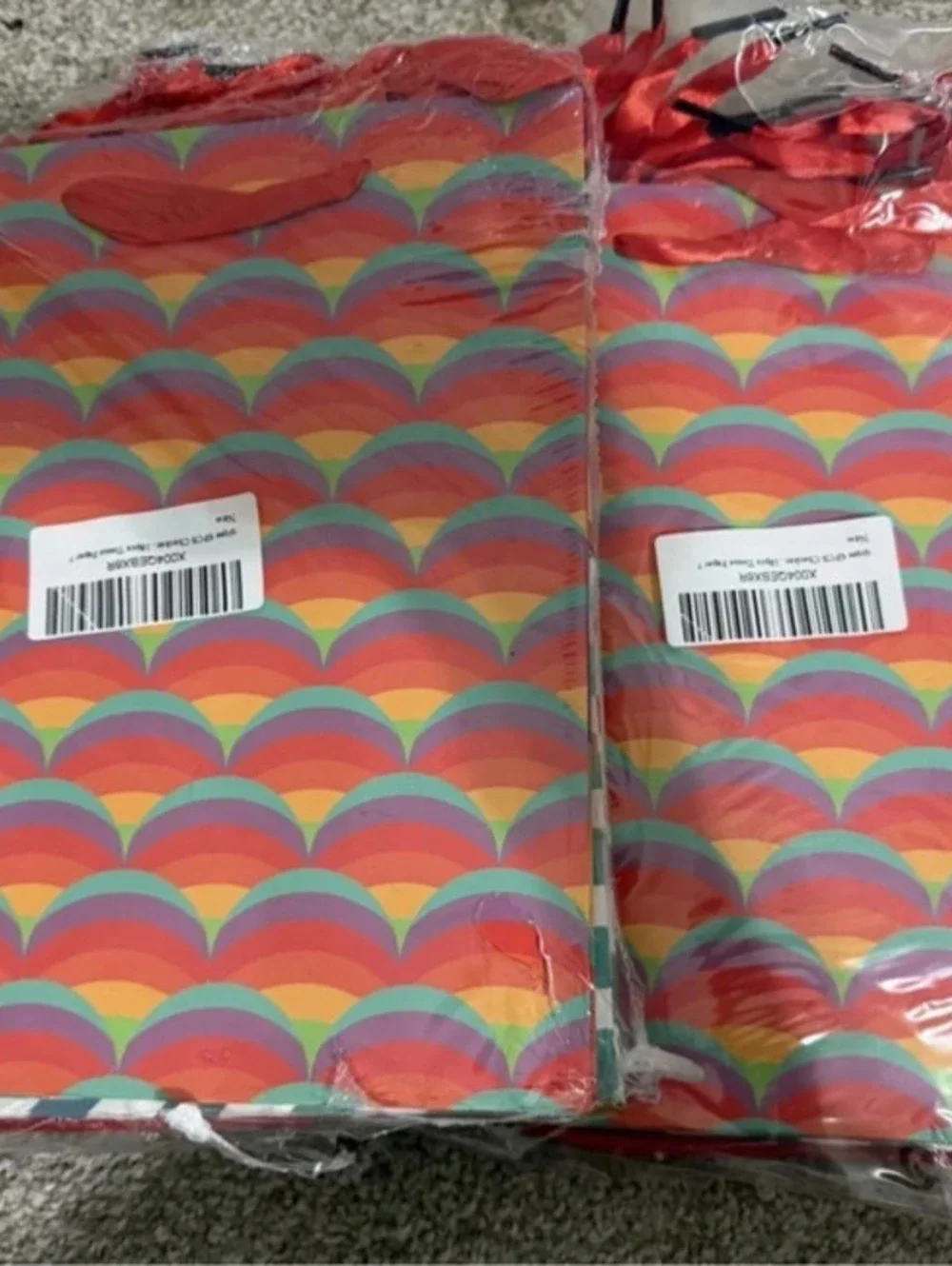 Rainbow Patterned Gift Bags with Red Handles - Set of 12